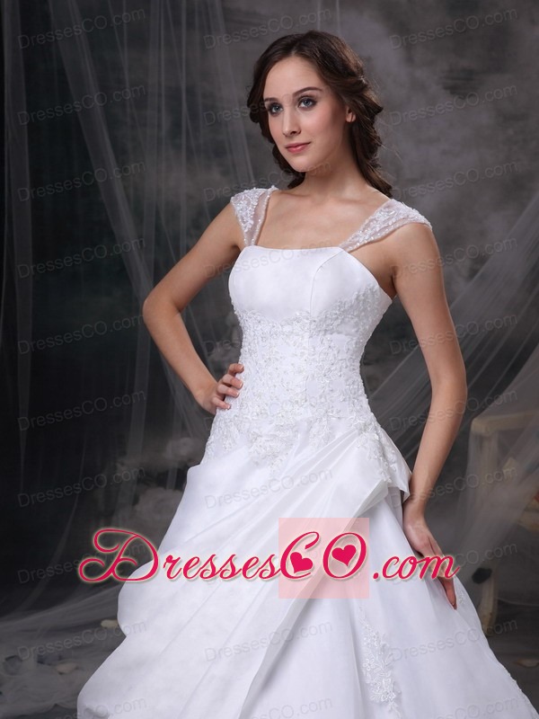 White A-line Square Court Train Satin and Organza Embroidery Wedding Dress